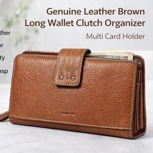 Genuine Leather Brown Long Wallet Clutch Organizer Multi Card Holder